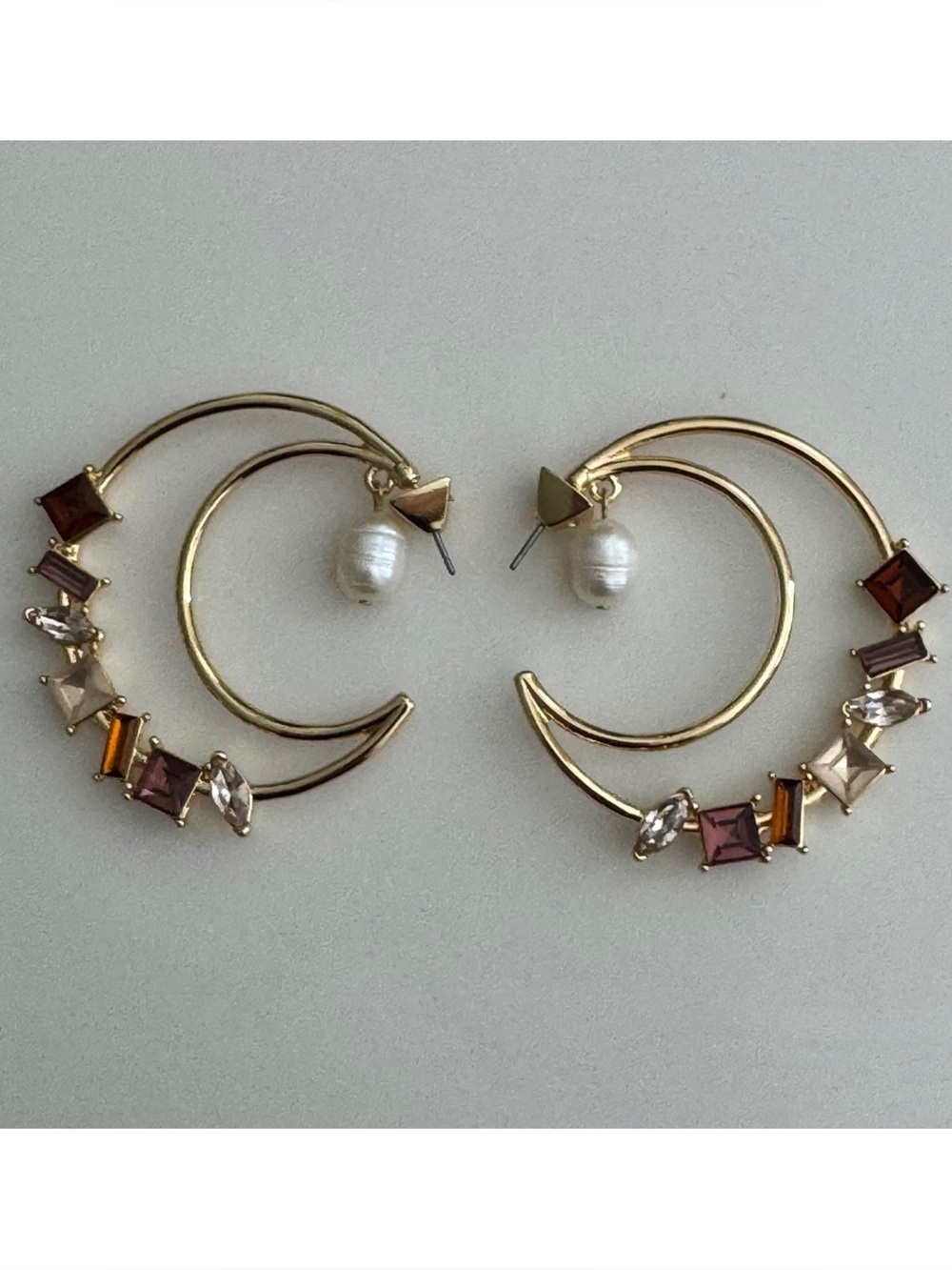 Gold Hoop Earrings with Pink and Amber Gem Accents and Pearl Drop